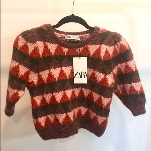 NWOT Zara 3/4 Sleeve Pattern Sweater w puff sleeves